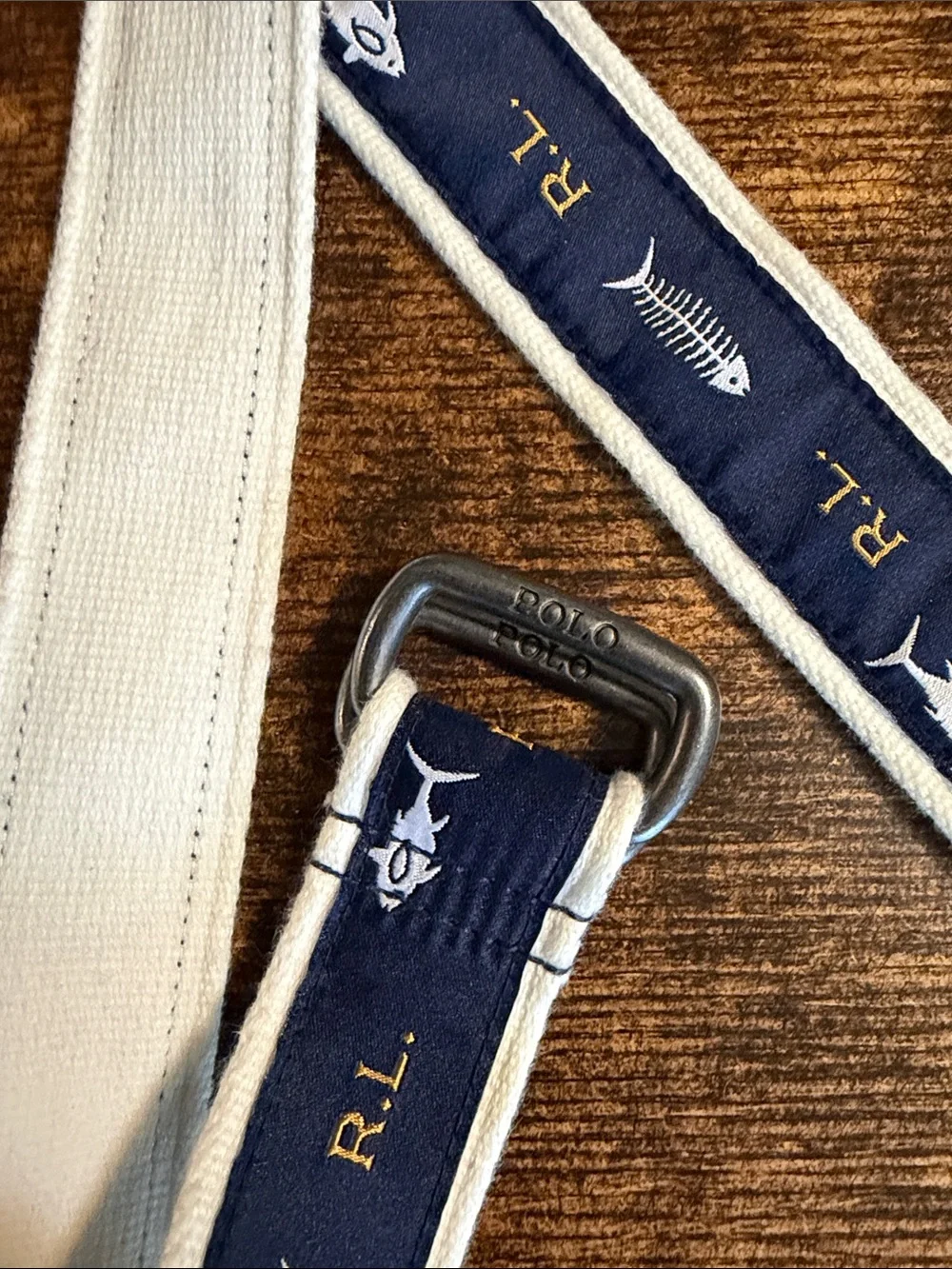 Polo by Ralph Lauren Navy Fish Embroidered Web Belt with White Trim